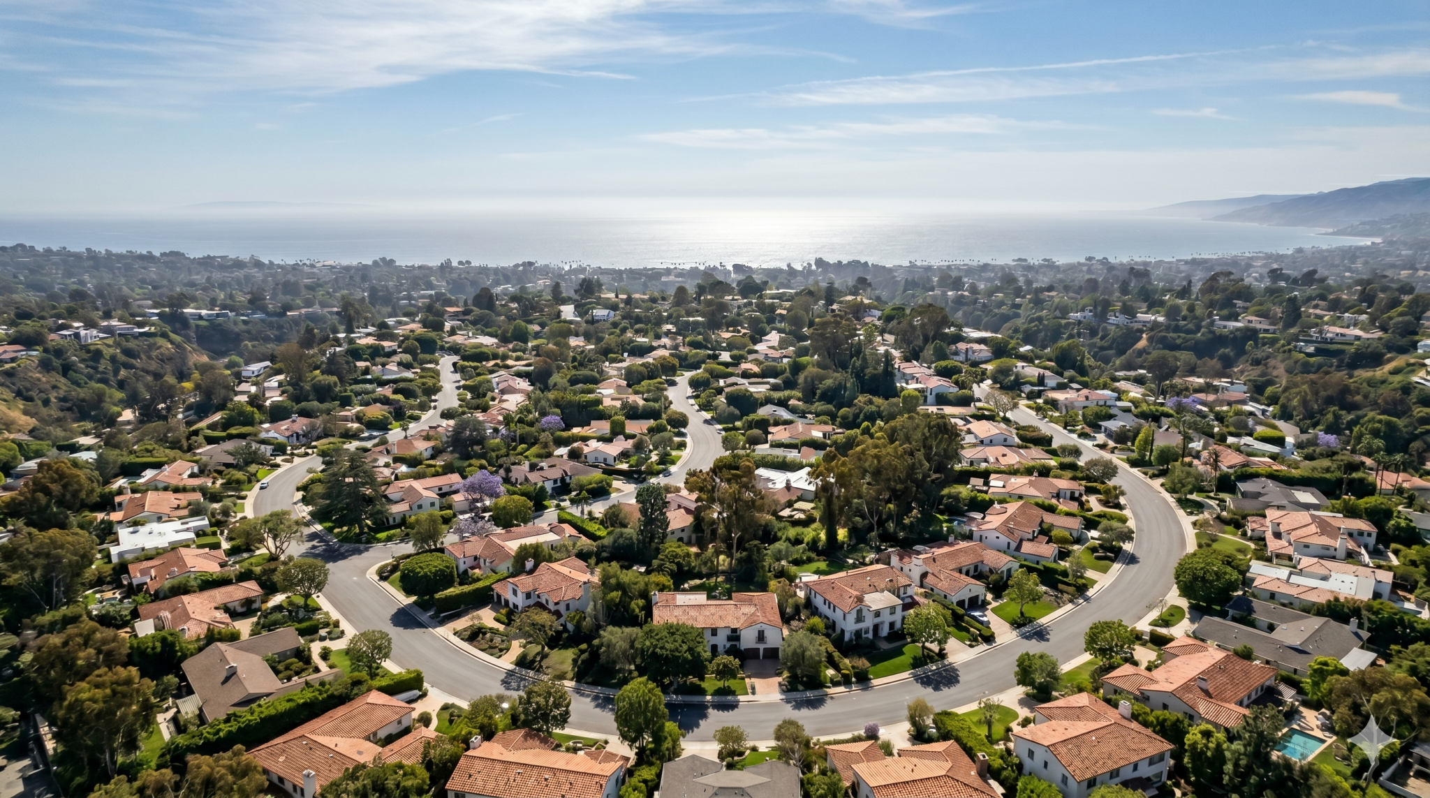 Pacific Palisades neighborhood overview — bluff streets and Pacific Ocean horizon