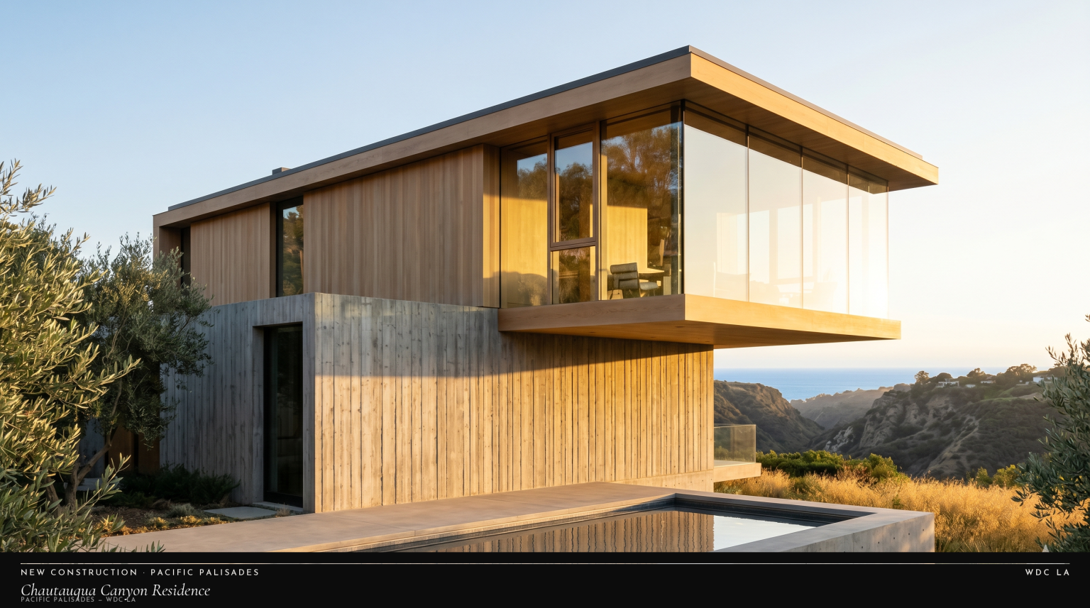 Ground-up new construction in Pacific Palisades — coastal modernist residence, canyon-and-ocean orientation, board-formed concrete and cedar