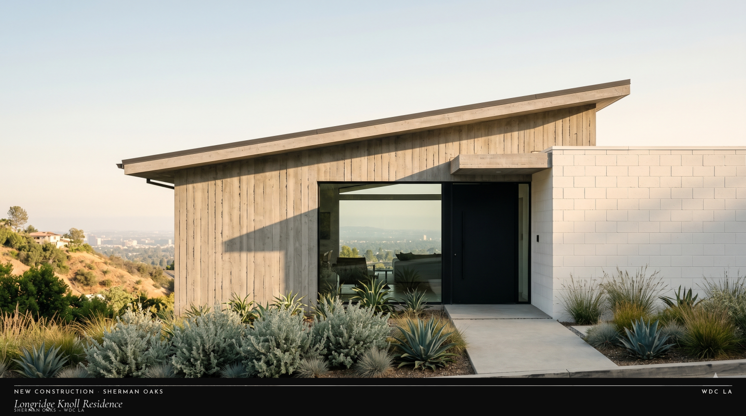 Ground-up new construction in Sherman Oaks — Valley-facing contemporary residence with cedar and concrete volumes, mature oak, hillside lot